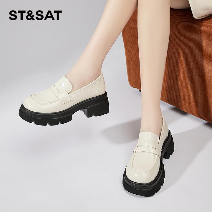 星期六ST&SAT真皮小皮鞋女高跟jk单鞋黑色厚底乐福鞋英伦风松糕鞋