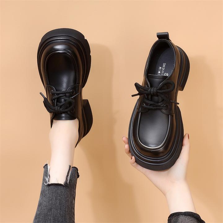 厚底粗跟加绒小皮鞋女2025年春季新款系带英伦风时尚百搭乐福鞋