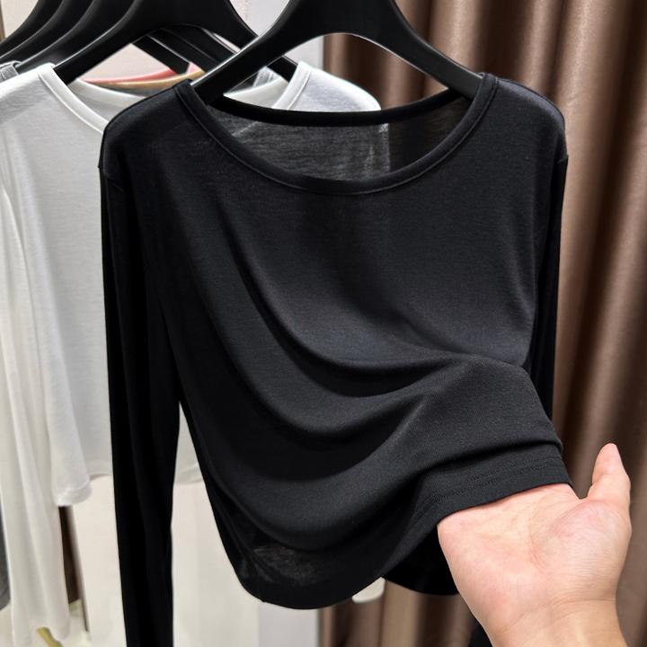 短款上衣女秋季吊带外搭罩衫新款纯色高级感圆领宽松长袖T恤薄款