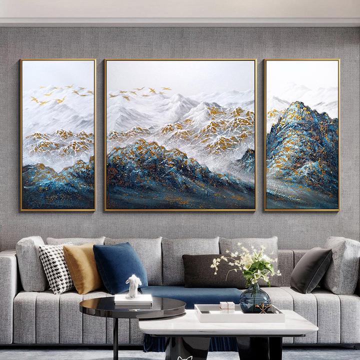 手绘油画沙发背景墙新中式装饰画金山办公室山水画客厅挂画现代风