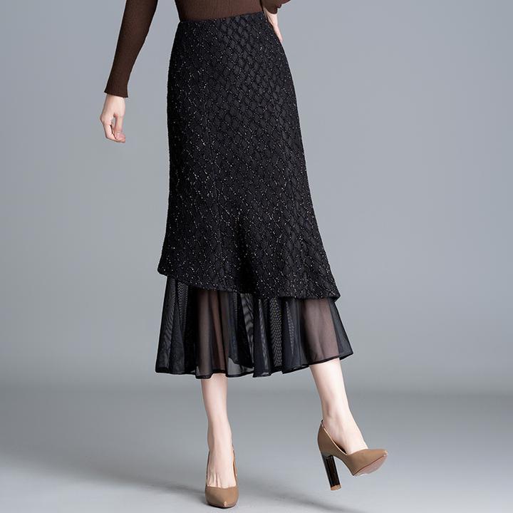 小香风网纱拼接鱼尾裙半身裙女秋季2024新款气质修身包臀裙中长裙