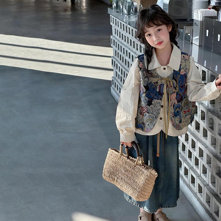 女童春秋季2024新款套装洋气儿童复古马甲女大童秋装牛仔连衣裙潮