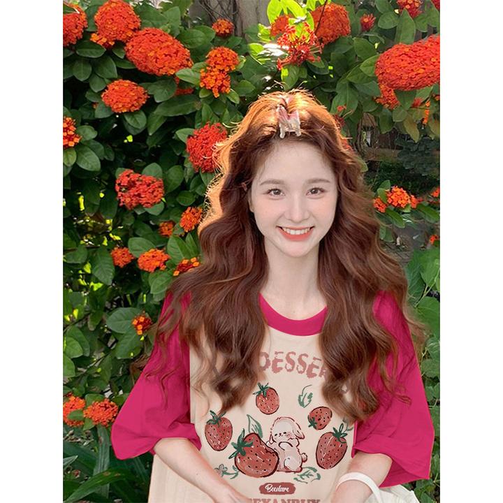 纯棉韩系大码草莓兔兔夏季复古胖MM宽松遮肉插肩短袖T恤女多巴胺