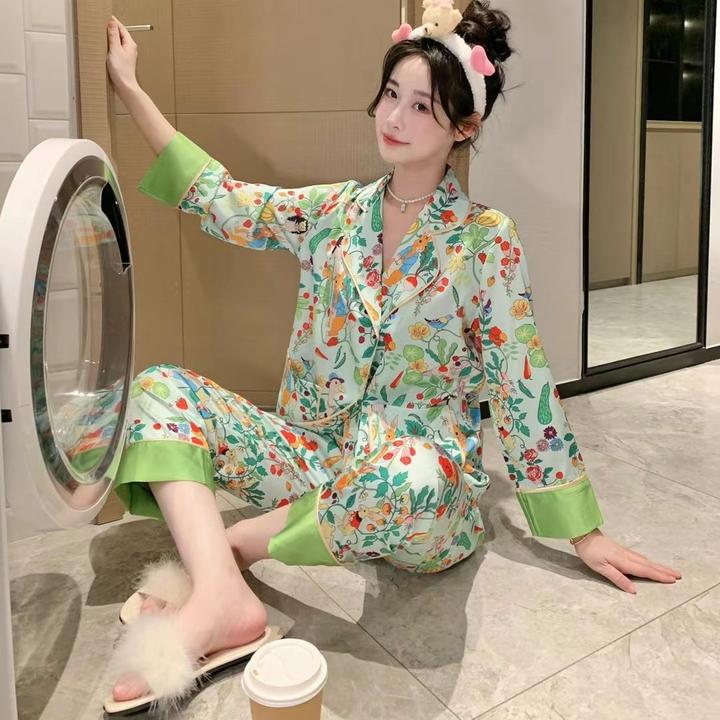 网红同款睡衣家居服夏日轻奢绿意碎花高级冰雪丝百搭可外穿
