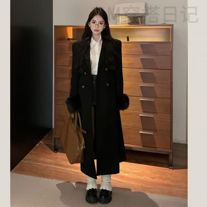 秋冬2023双面御姐感气质长款毛呢大衣女黑色正肩收腰西装呢呢子厚