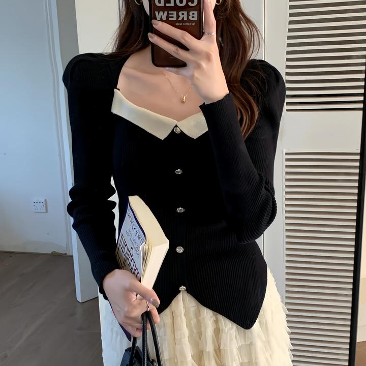 2024秋冬季新款拼色方领百搭泡泡袖针织衫法式锁骨毛衣赫本打底衫