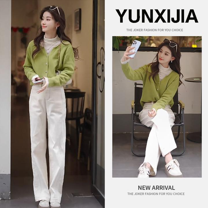 秋冬搭配一整套女2024新款遮肉显瘦高领上衣针织开衫牛仔裤三件套