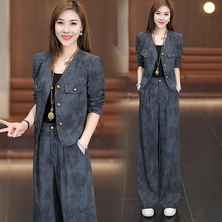 时尚套装女2024春秋新款休闲洋气质短款外套阔腿裤时髦显瘦两件套