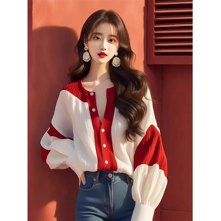 红白撞色灯笼袖衬衫春秋长袖针织红色法式小众秋季设计感气质洋气