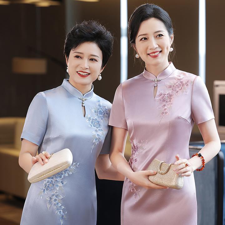 2025新款婚礼旗袍蓝色粉色高端气质复古刺绣喜婆婆喜妈妈677