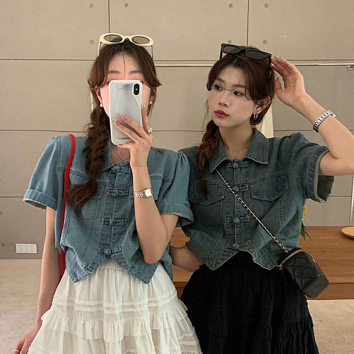 牛仔短袖衬衫外套女短款夏季新中式国风设计感小众修身显瘦上衣