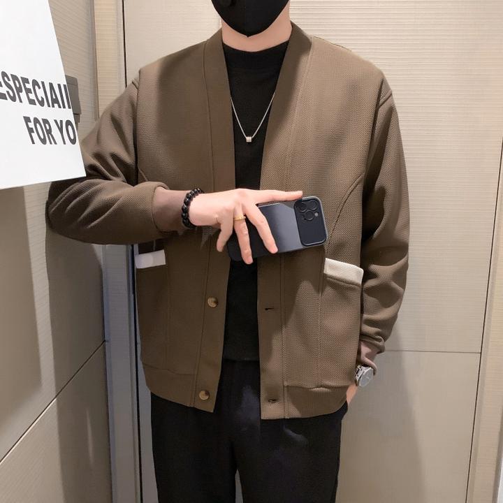 男士开衫外套春秋季男装2024新款秋冬无领针织衫修身韩版潮流夹克
