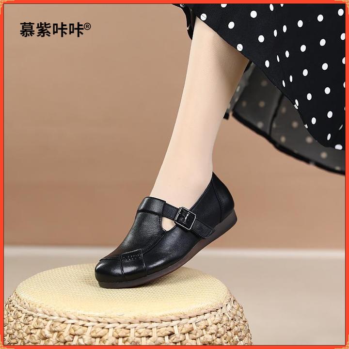 慕紫咔咔真皮镂空透气洞洞鞋女夏季新款民族风复古平底舒适中老年