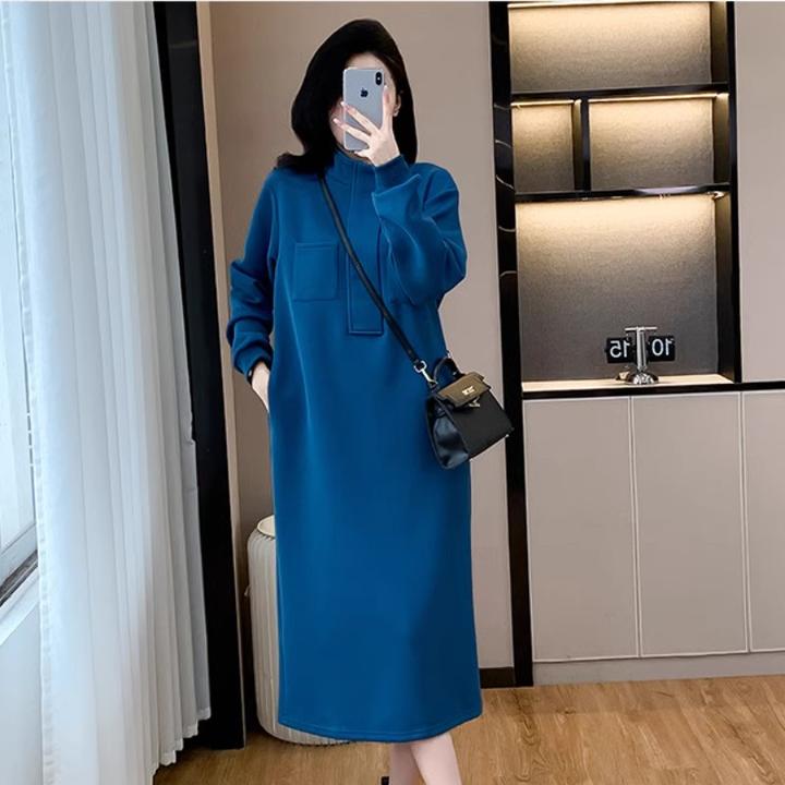 微胖妹妹蓝色气质长袖连衣裙女秋冬季遮肚显瘦高级感卫衣立领裙子
