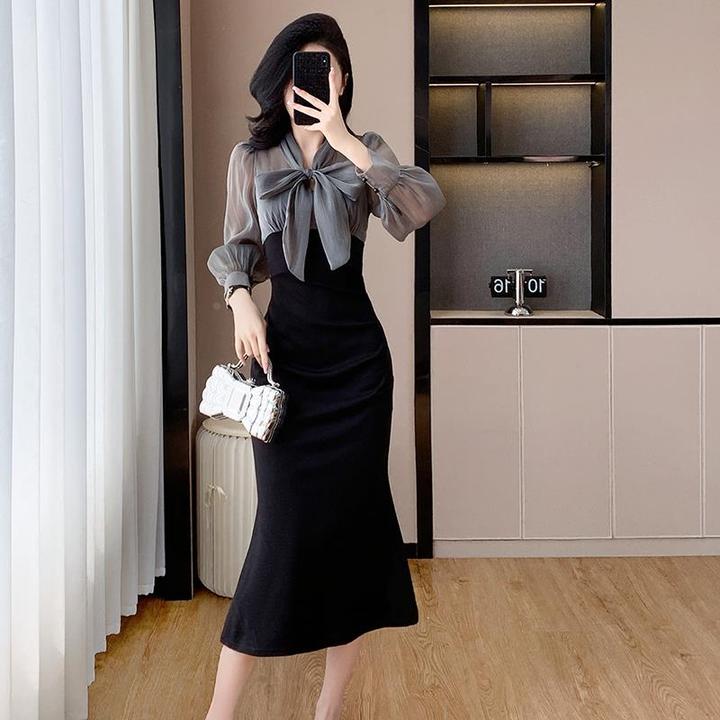 假两件系带蝴蝶结修身鱼尾连衣裙女秋冬高级感法式名媛御姐包臀裙