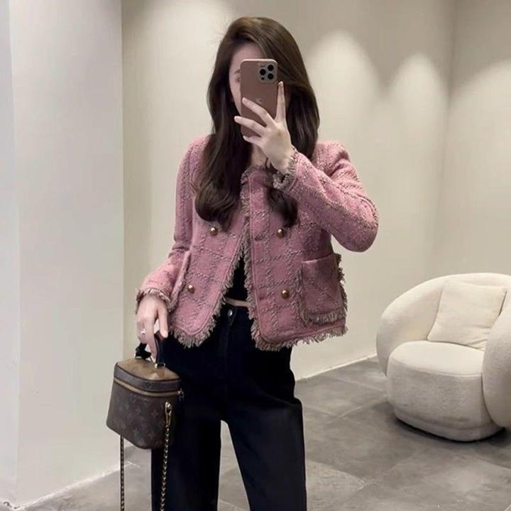 欧货高端小个子粉色短款外套女冬季独特超好看小香风短款外套女潮