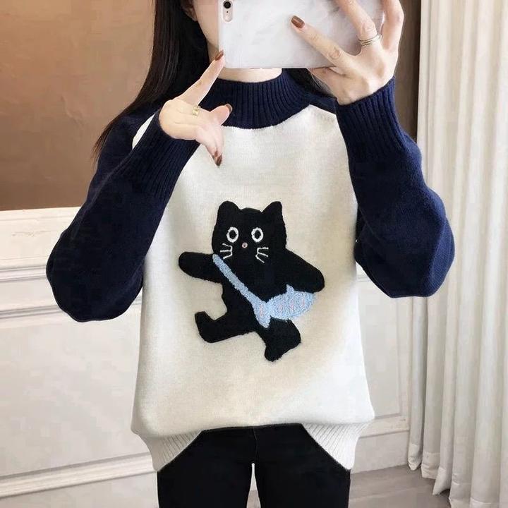 初中生半高领卡通猫咪毛衣少女秋冬内搭高中学生女大童打底针织衫