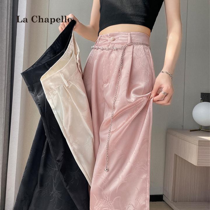 拉夏贝尔春夏新款新中式缎面提花窄版阔腿裤国风西装裤子休闲裤女