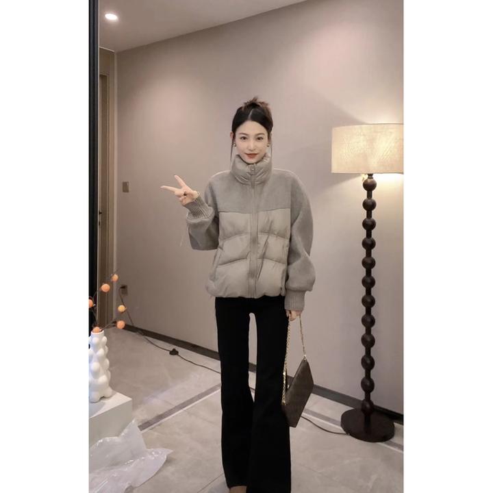 2024年冬装新款时尚双面呢拼接加绒加厚棉服立领拉链外套宽松