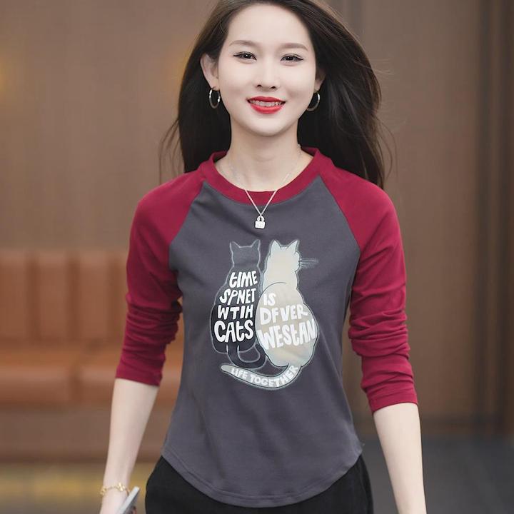 常规款长袖洋气T恤圆领春秋印花韩版修身型遮肉显瘦弹力棉打底衫