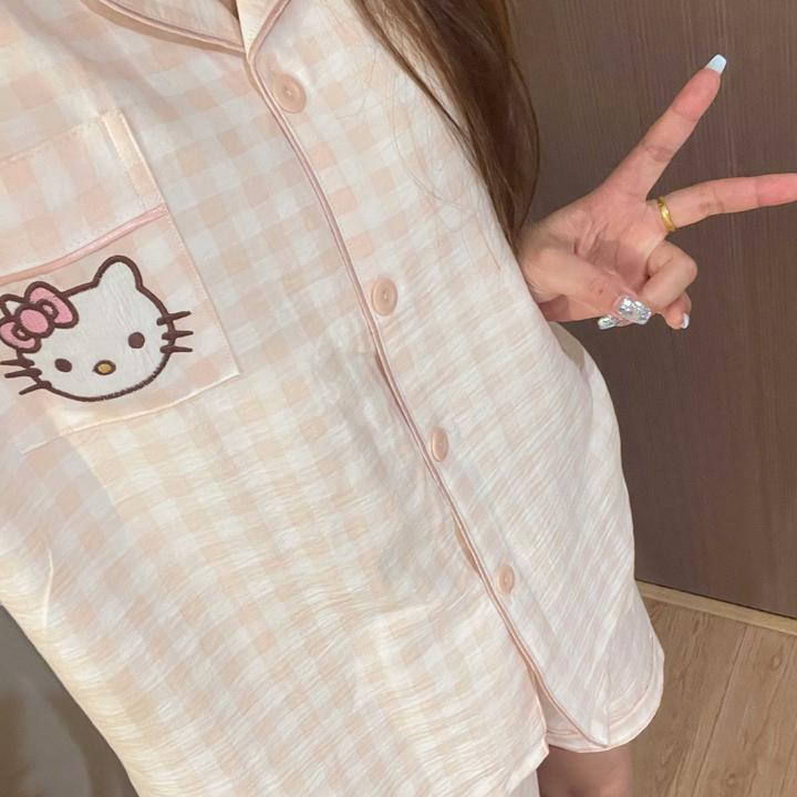 可爱猫咪睡衣女春夏新款粉色格子短袖短裤薄款套装甜美少女家居服