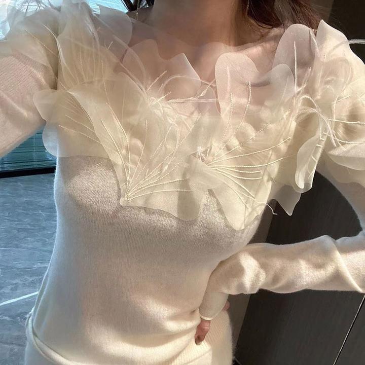 法式洋气蕾丝长袖套头打底衫女新款气质修身显瘦针织衫秋冬