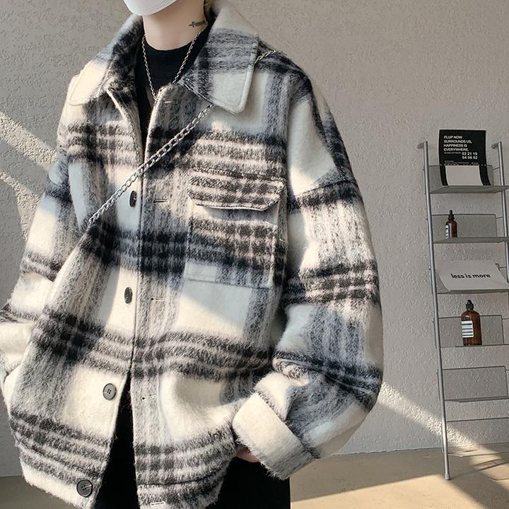 美式复古短款毛呢大衣男冬季条纹撞色呢子外套潮牌小香风情侣夹克