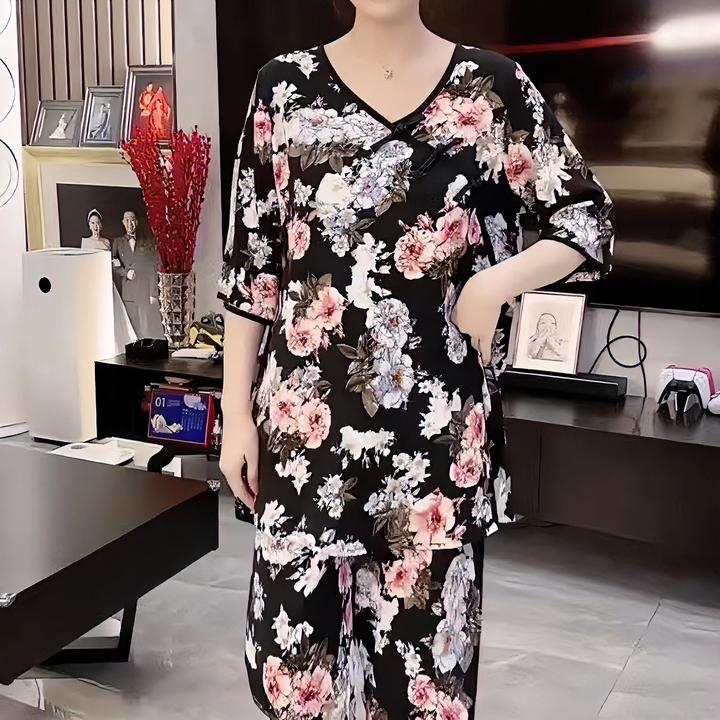 碎花V领家居服套装女夏季新款睡衣七分袖宽松上衣长裤两件套女款