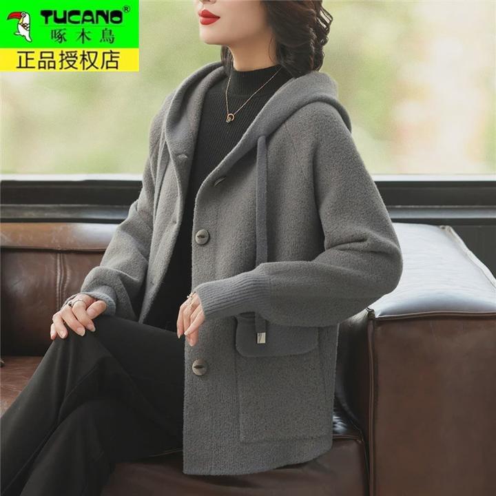 啄木鸟2024妈妈秋季时尚宽松毛呢外套中老年女冬装洋气连帽开衫呢