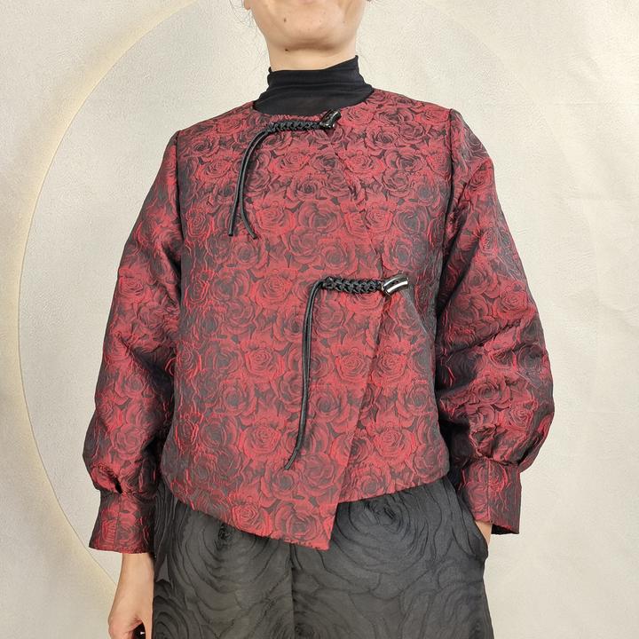 ZJ美尚国风红色立体浮雕花提花短款棉袄