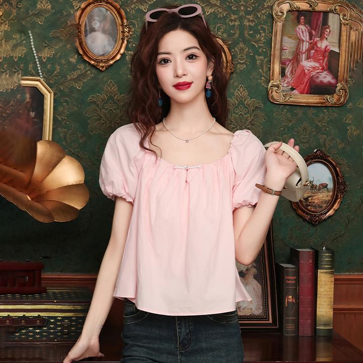 法式泡泡袖粉色雪纺衫女2025夏季新款宽松遮肚子上衣小个子娃娃衫