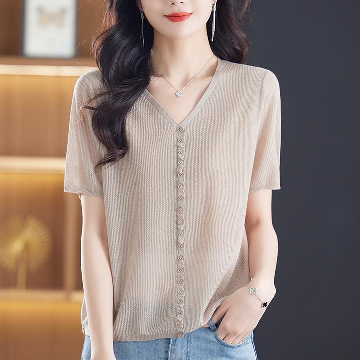 品牌折扣女装专柜撤柜正品冰丝v领T恤宽松上衣洋气时尚百搭针织衫