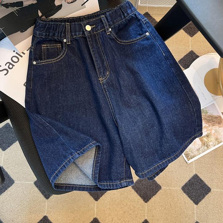 2025大码高腰深蓝色牛仔短裤子女春夏薄款胖妹妹mm显瘦宽松五分裤