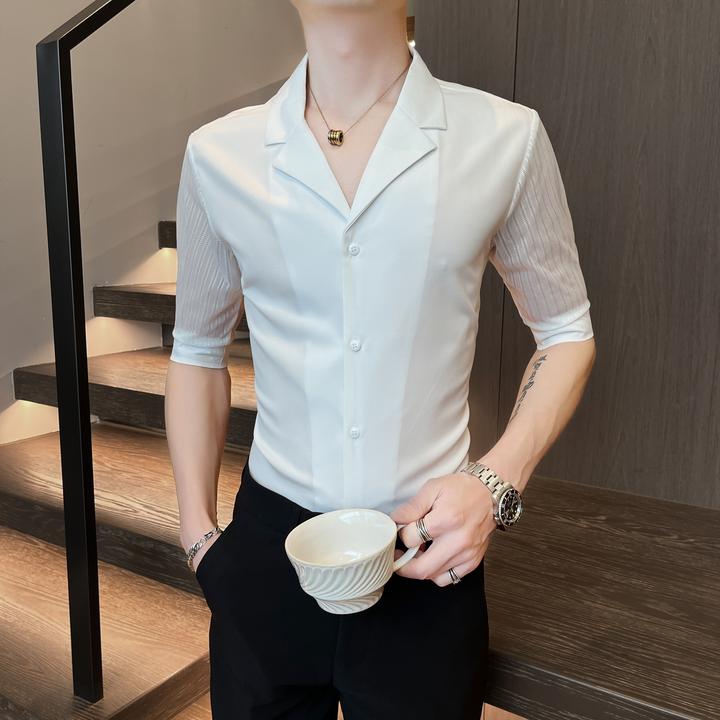 男士网纱蕾丝拼接七分袖衬衫潮流痞帅夏季新款潮牌古巴领短袖衬衣