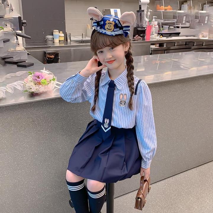 女童套装春秋2024新款洋气儿童兔子警官衣服大童学院风秋装jk套裙