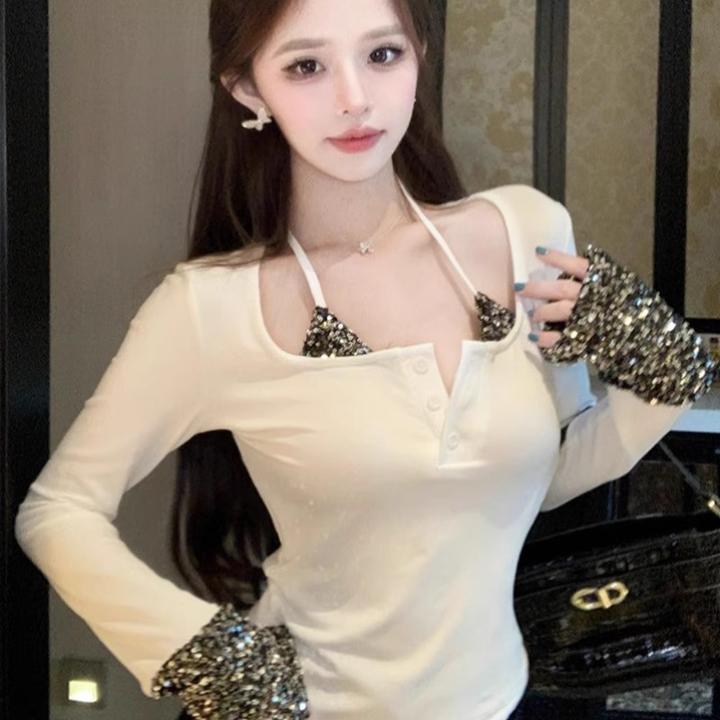 【原版做工】美式重工亮片拼接挂脖U领长袖T恤女辣妹设计感别致上