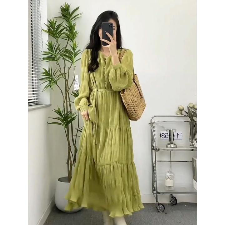 2023春季气质甜美温柔风连衣裙女长袖抽绳收腰复古黄色大摆裙长裙