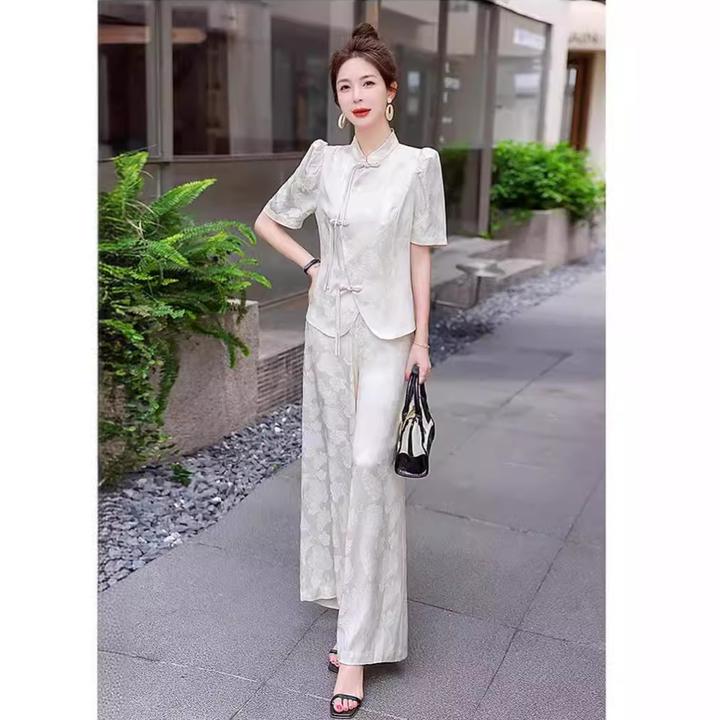 新中式国风改良时尚套装女2024年夏季新款轻奢高级感阔腿裤两件套