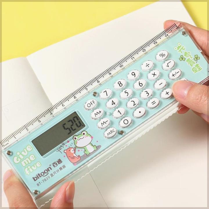 百通高颜值蓝色时尚直尺计算器小学生迷你计算机尺子四年级人教版
