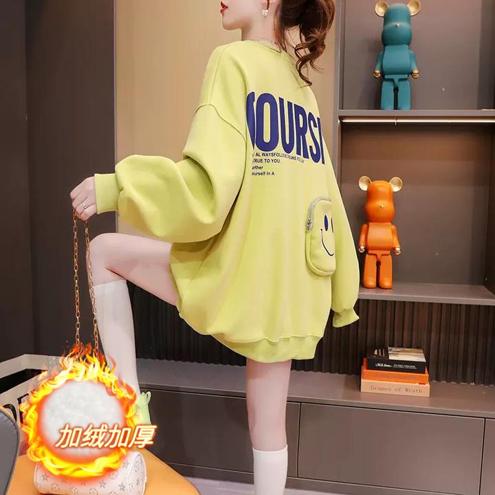 加绒加厚字母印花圆领卫衣女韩版学院风设计感宽松小众套头外套潮