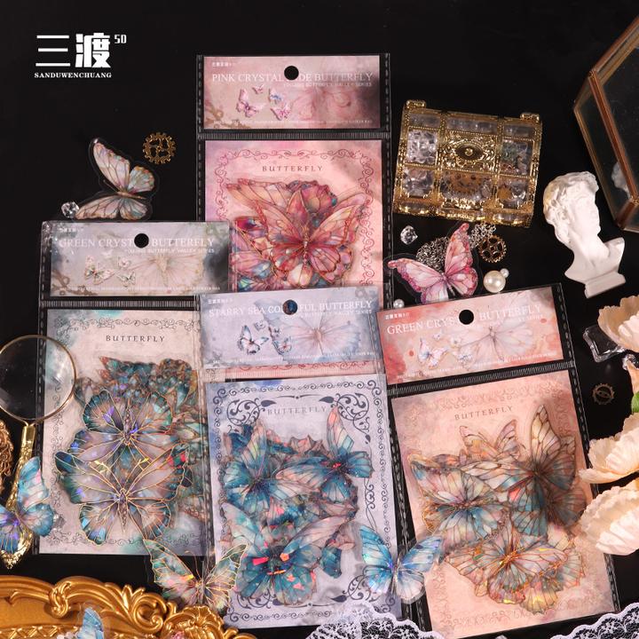 手帐流麻立体免裁剪蝴蝶贝壳光镭射金分装咕卡手帐胶带PET防水DIY