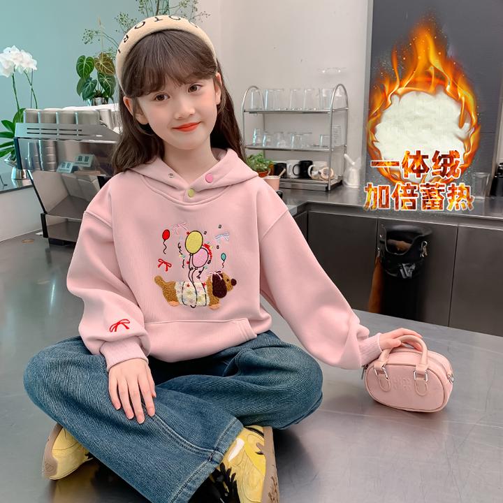 女童秋冬卫衣2024新款洋气一体绒加厚连帽上衣儿童装冬季女孩大童
