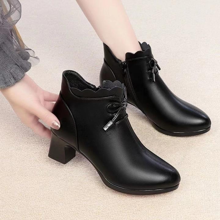 蝴蝶结短靴女秋冬新款加绒马丁靴粗跟花边棉靴时装靴软皮靴侧拉链