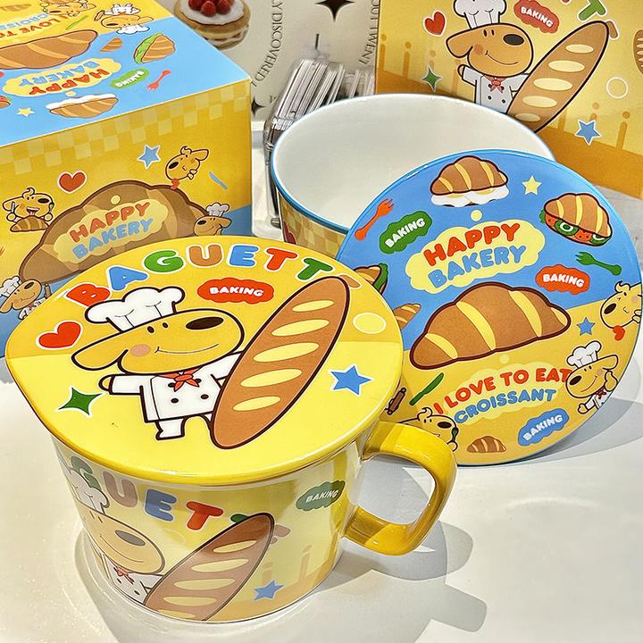 面包小狗泡面碗带盖子陶瓷可爱宿舍用学生大碗泡面杯早餐碗餐具