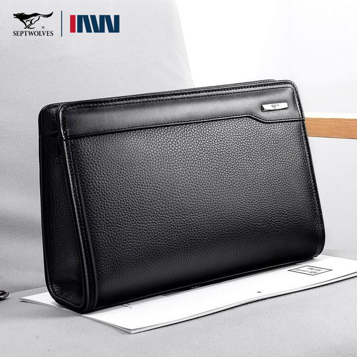 七匹狼男士手包真皮公文包商务手拿包头层牛皮大容量手夹包男正品