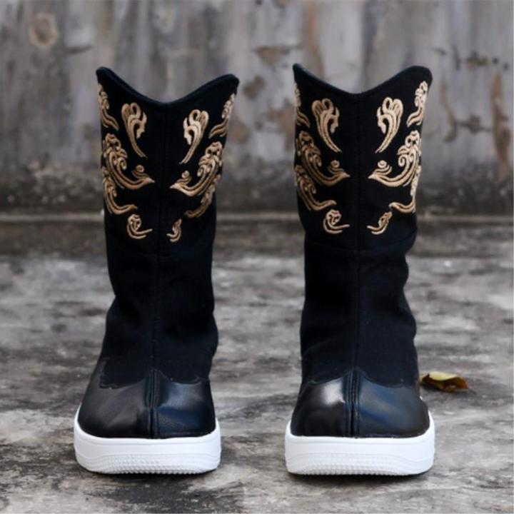 中国风男靴复古官靴祥云刺绣古风汉服中筒靴男加绒保暖春秋冬靴子