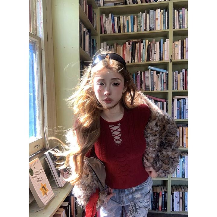 FuunJ加州美院复古设计感收腰显瘦打底毛衣女修身内搭针织上衣冬