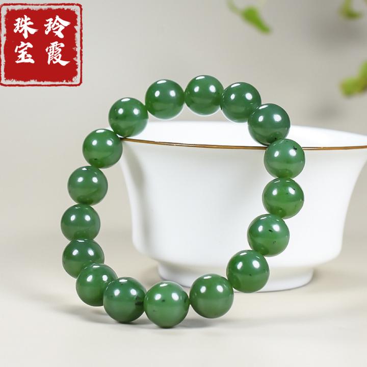 天然和田玉碧玉阳绿圆珠素圈手串佛珠手链品牌正品男女款绿色珠宝