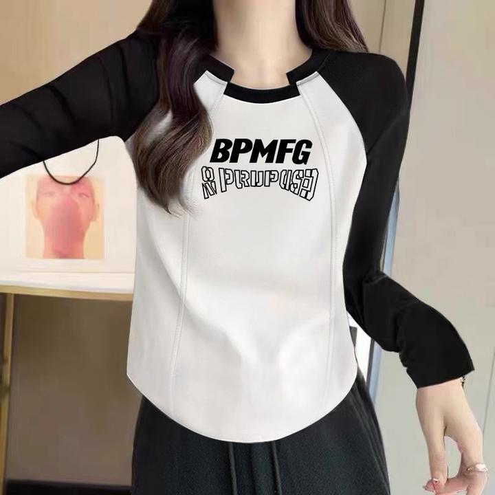 春秋初秋撞色拼接别致插肩袖打底衫叠穿卫衣女士修身显瘦套头内搭