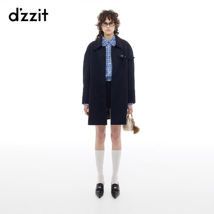dzzit地素棉服冬季时髦胸针装饰斜纹插肩直身中长外套女3I4H311